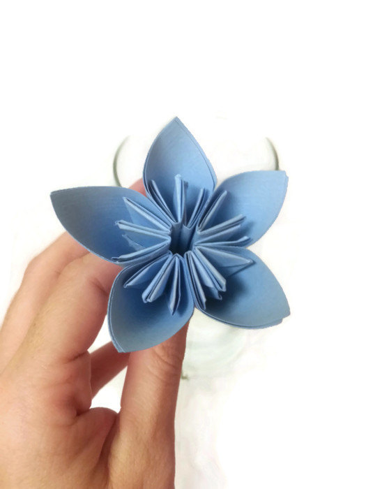 زفاف - Bright Blue Color Kusudama Origami Paper Flower with Stem