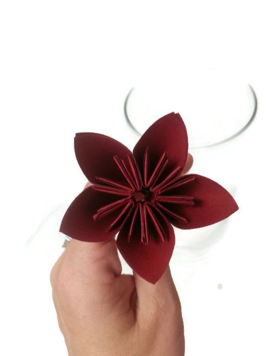Wedding - Bold Blood Red Color Kusudama Origami Paper Flower with Stem