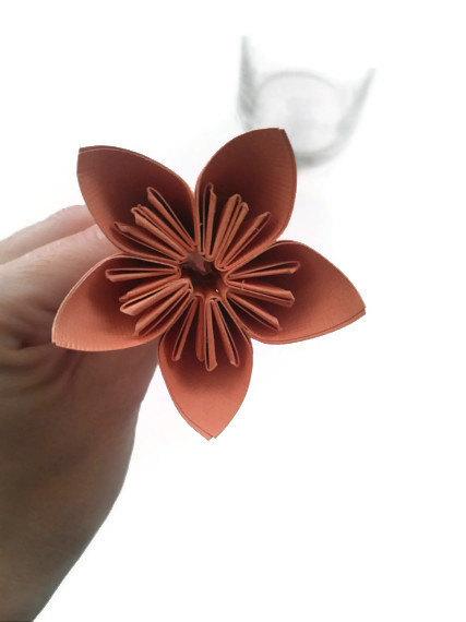 Mariage - Peach Color Kusudama Origami Paper Flower with Stem