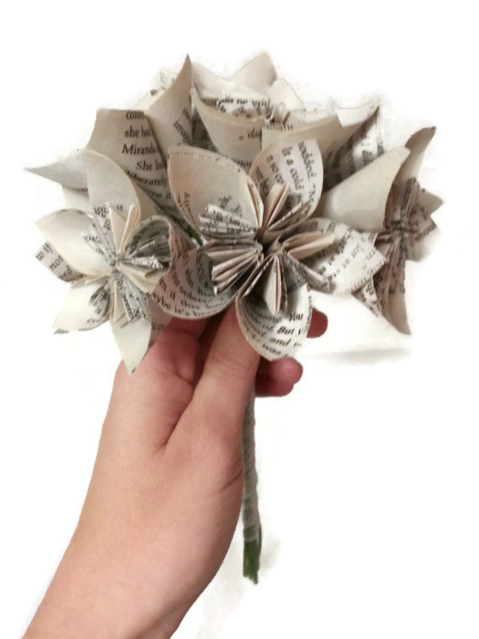 Wedding - Petite Book Paper Flower Bridal / Bridesmaid Bouquet with Wire Stems and White / Silver Ribbon