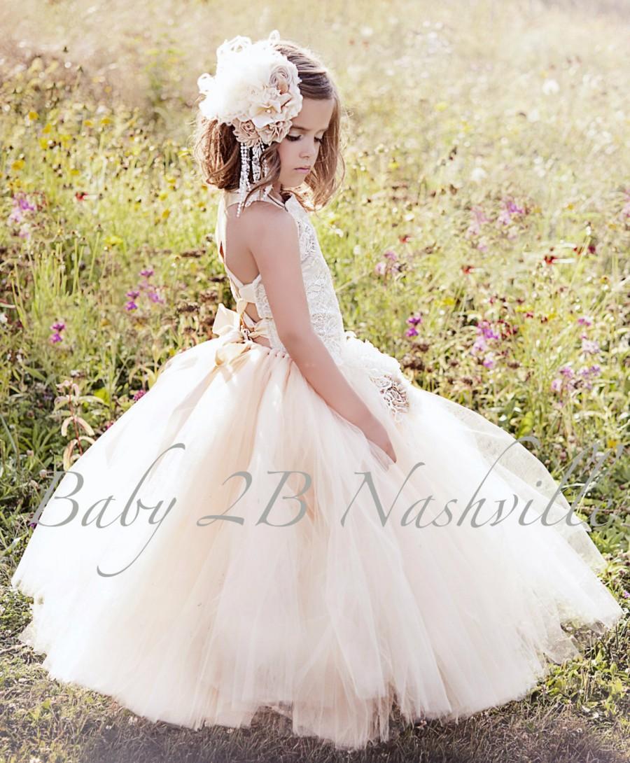 زفاف - Vintage Dress Wedding Dress Sequin Lace Dress Flower Girl Dress  Ivory Lace with Khaki Underlay Dress Girls Tulle Dress Toddler Tutu Dress