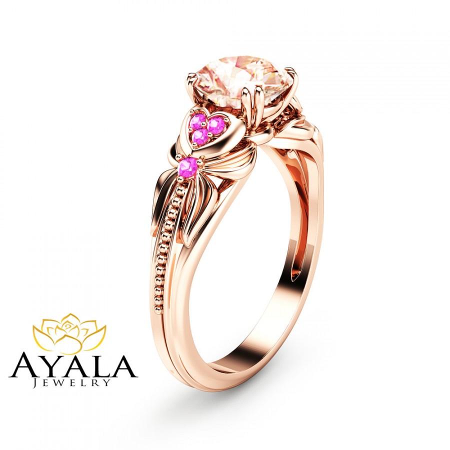 زفاف - 14K Rose Gold Morganite Engagement Ring Heart Shaped Ring Peach Pink Morganite Engagement Ring with Pink Sapphires