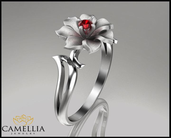زفاف - Flower Ring, 14K White Gold Ruby Ring,Designer ring,Leaf & Flower ,Wedding Rings,Ladys Jewelry,Unique Engagment Rings,anniversary ring.