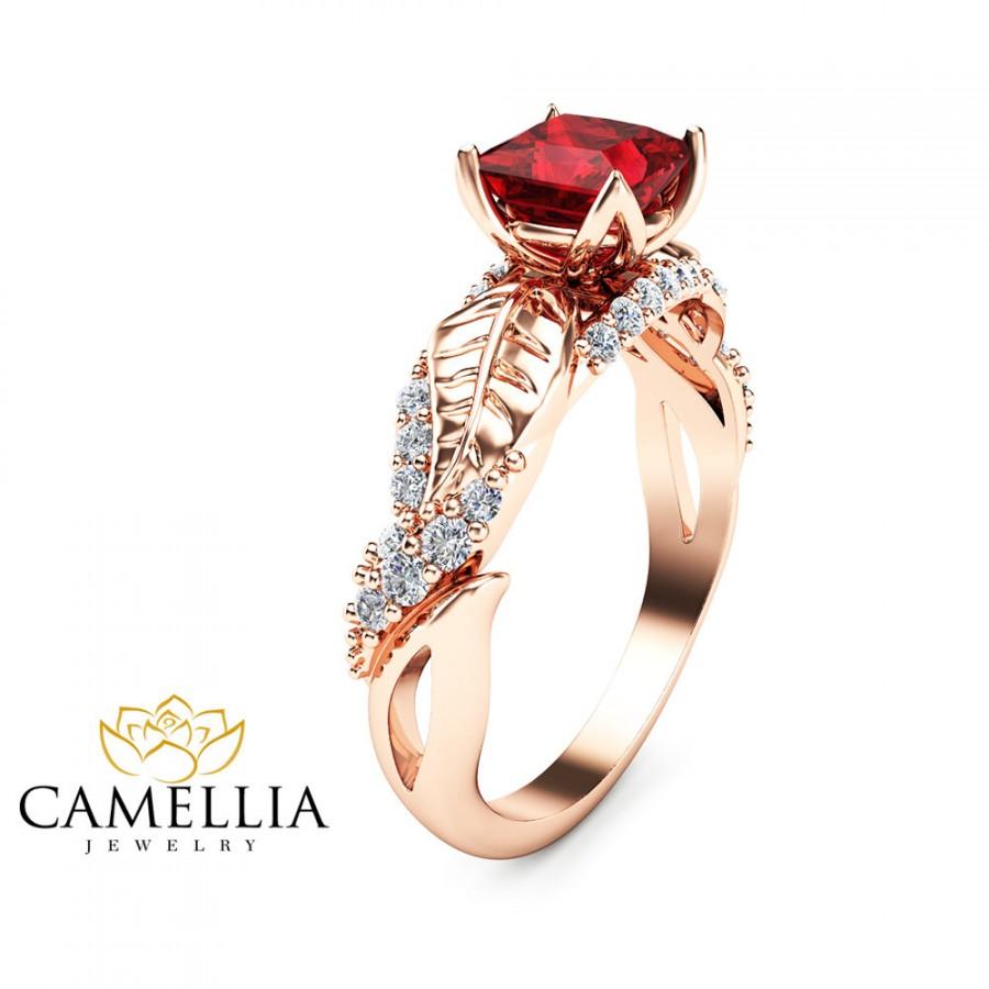 زفاف - 14K Rose Gold Ruby Ring,Art Deco Engagement ring,Ruby Rings,Nature Inspired Engagement Ring,Leaf Ring,Unique Ring,princess cut Ruby Ring.