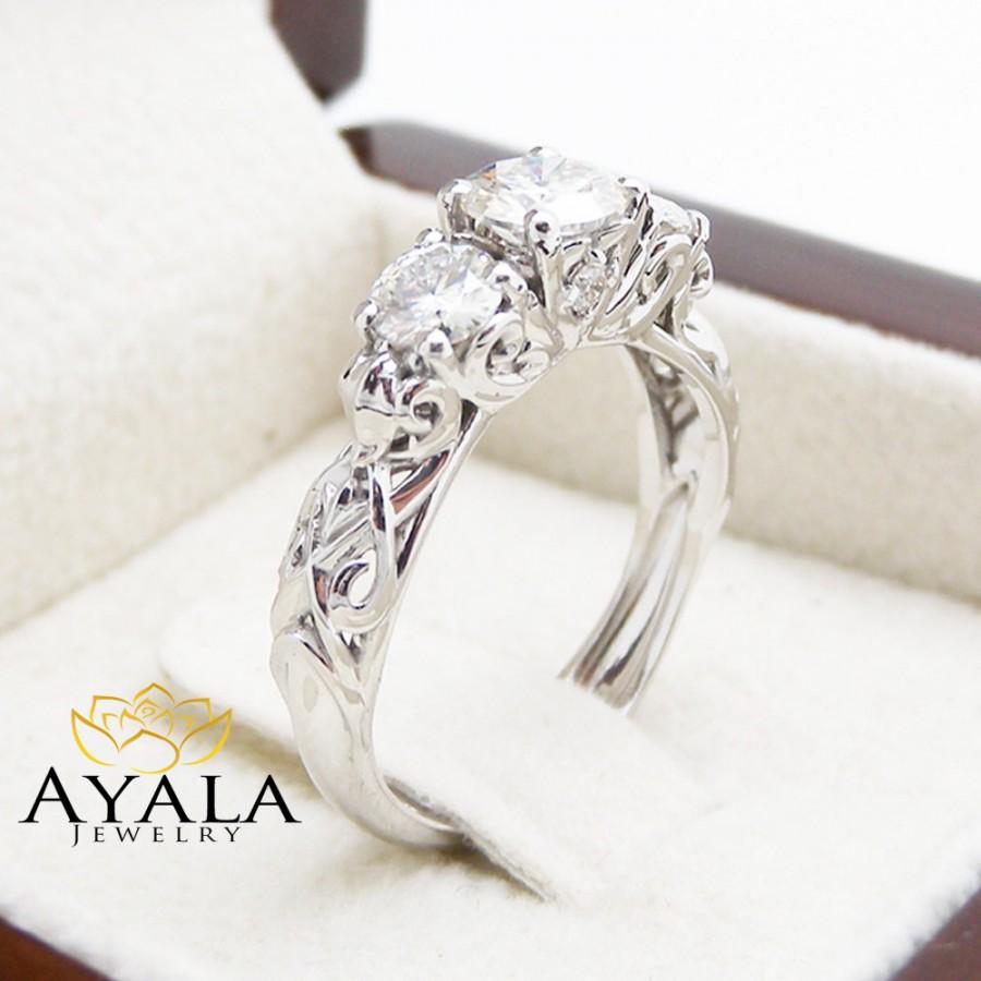 Wedding - Three Stone Moissanite Engagement Ring Unique Engagement Ring in 14K White Gold 0.5CT Forever Brilliant Moissanite Ring