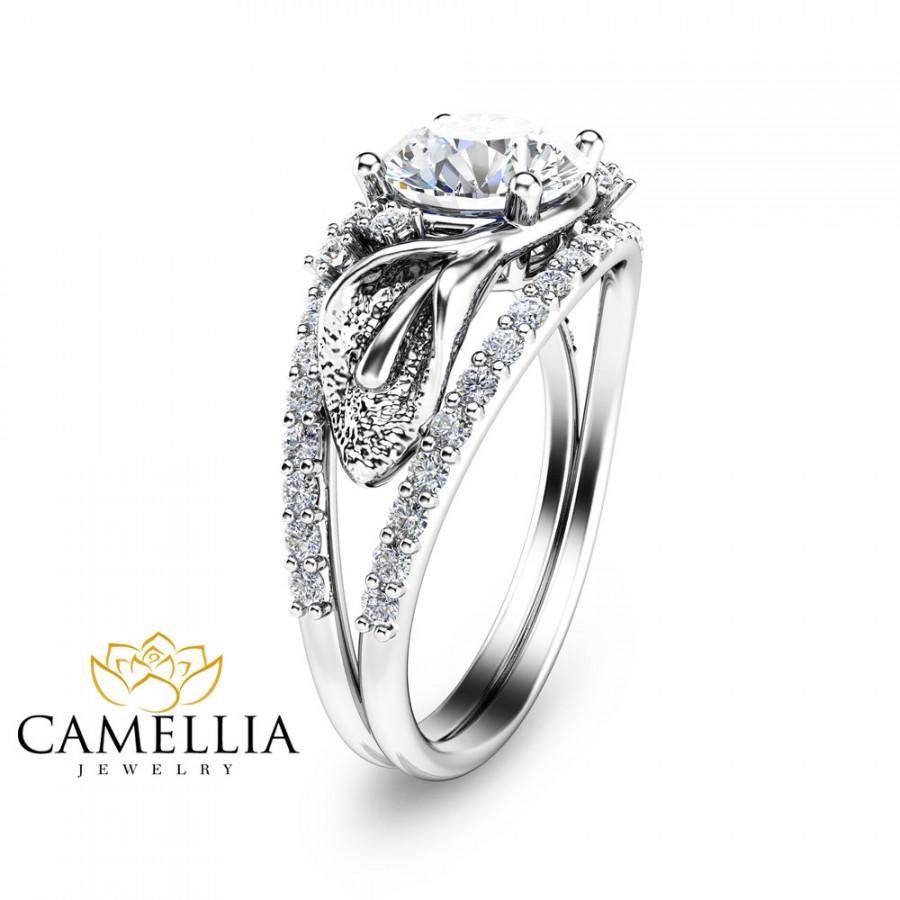 Hochzeit - Calla Lily Moissanite Engagement Ring 14K White Gold Moissanite Ring Diamond Alternative Engagement Ring