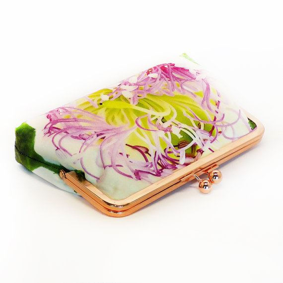 Wedding - Silk Purse, Bag, Luxury Handmade Clutch, Pink, Green & White Flower head, printed silk, gift box, FOREST TRAIL