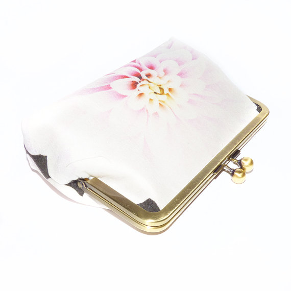 زفاف - Silk Purse, Bag, Luxury Handmade Clutch, Pale White & Pink Dahlia Flower head, printed silk, gift box, ENGLISH GARDEN