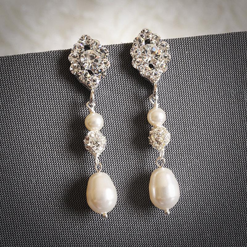 زفاف - TACIE, Vintage Inspired Oval Rhinestone Wedding Earrings, White, Ivory Swarovski Pearl and Crystal Bridal Dangles, Art Deco Wedding Jewelry