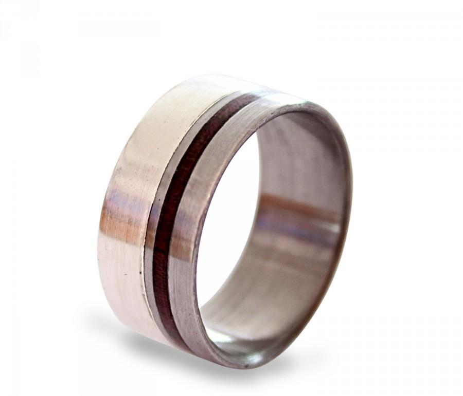 زفاف - Titanium Mens Wedding Band, Titanium Wedding Ring With Amaranth Wood And Silver, Silver Ring