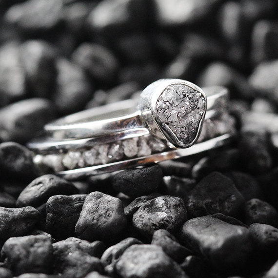 زفاف - White Gold Engagement Ring Delicate Grey Uncut Diamond
