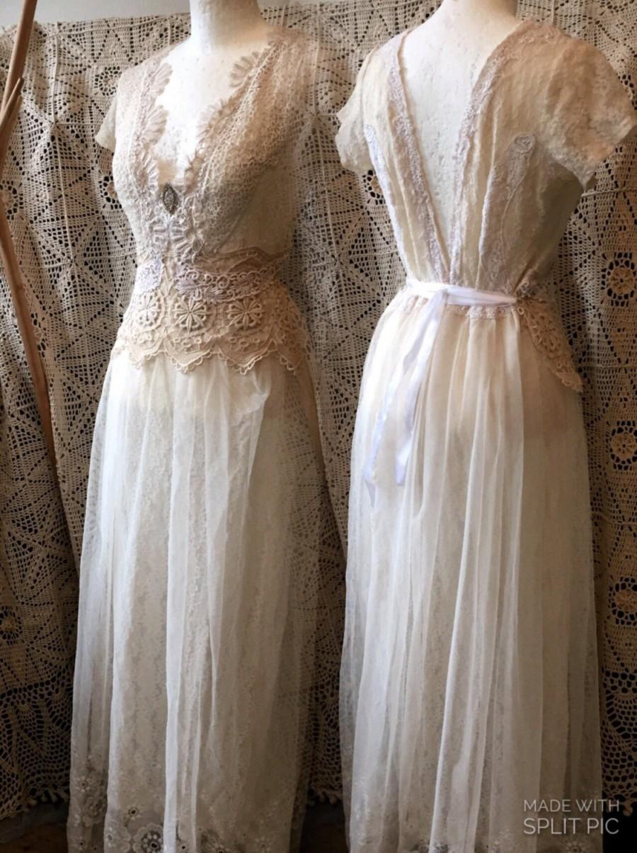 Mariage - Vintage inspired wedding dress , victorian cream and white dress , antique delicate laces , bridal gown , boho vintage wedding