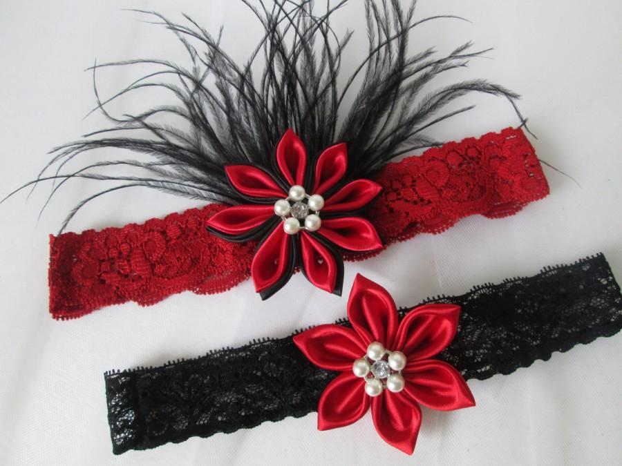 Wedding - Black & Red Wedding Garter Set, Red Lace PROM Garters, Black Lace Bridal Garter w/ Red Kanzashi Flower, Feathers, Flapper / 20s Bride
