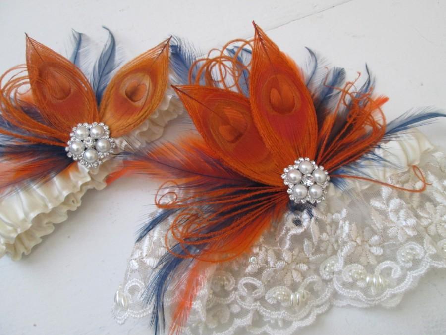 Hochzeit - Burnt Orange & Navy Blue Wedding Garter Set, Halloween, Peacock Bridal Garters, Ivory Pearl Lace Garter, Fall Harvest /Rustic /Country Bride
