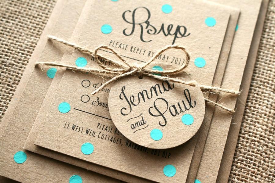 زفاف - Pastel Turquoise, Mint, Polka Dot Wedding Invite Set - Rustic Kraft