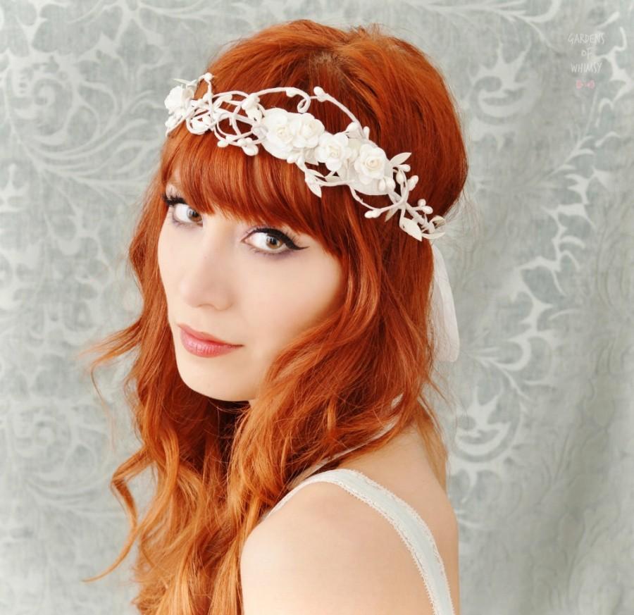 Hochzeit - White flower crown, bridal headpiece, vintage inspired wedding head piece, circlet, rose hair wreath, hair accessories by gardens of whimsy