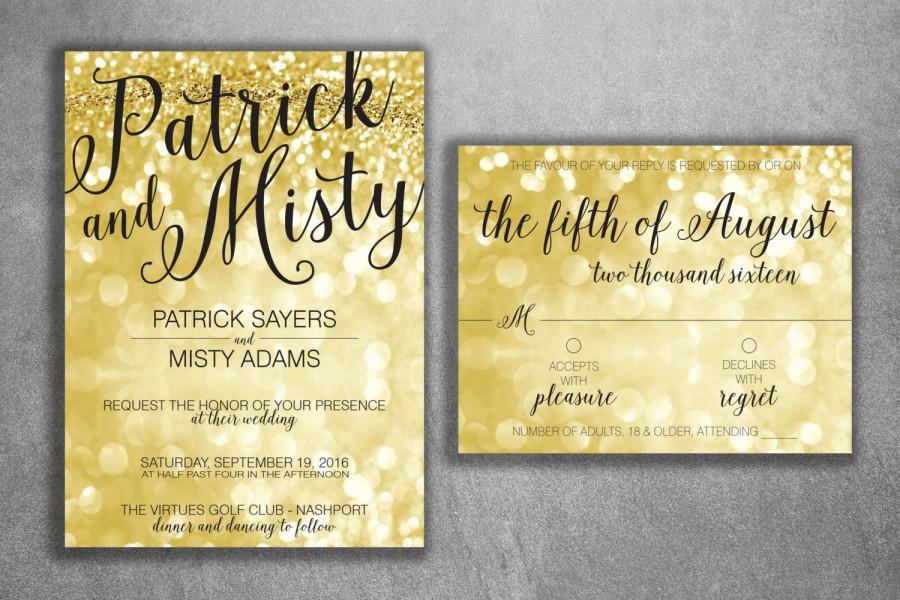 زفاف - Gold and Black Wedding Invitations Set Printed - Cheap Wedding Invitations, Affordable, Lights, Sparkly, Glitter, RSVP, Elegant, Invites
