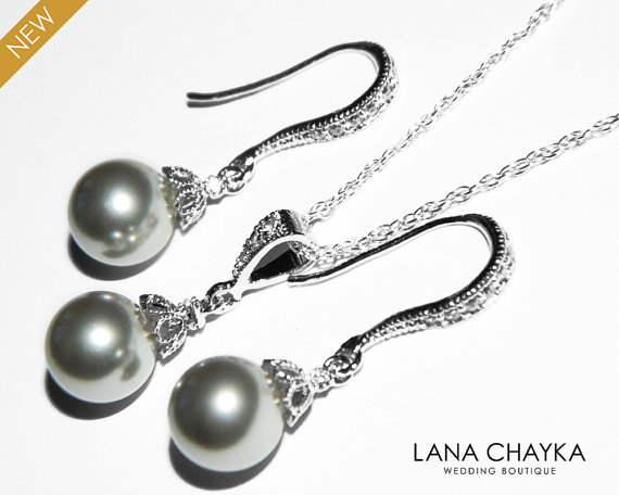 زفاف - Light Grey Pearl Earrings and Necklace Set STERLING SILVER Cz Grey Drop Pearl Set Swarovski 8mm Pearl Necklace&Earrings Set Wedding Jewelry