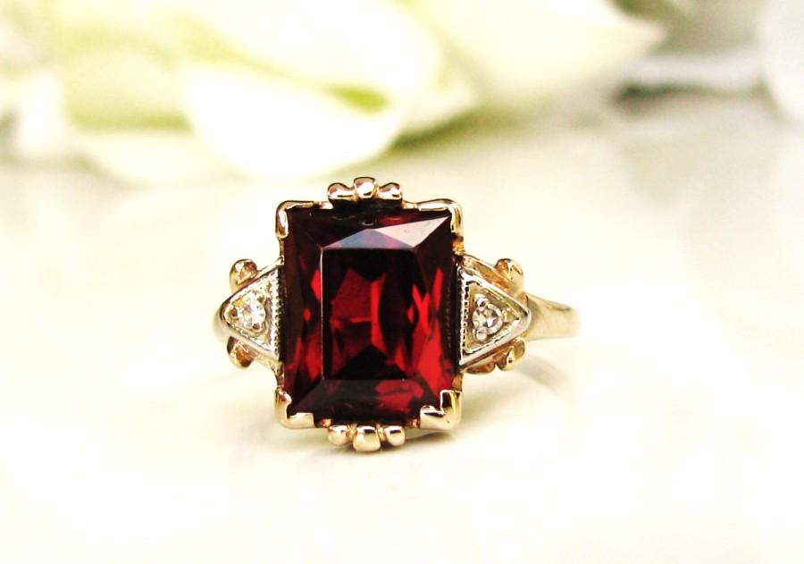 زفاف - Art Deco Emerald Cut Ruby & Diamond Ring 3.79ct Synthetic Ruby Alternative Engagement Ring 10K Two Tone Gold Esemco July Birthstone Ring
