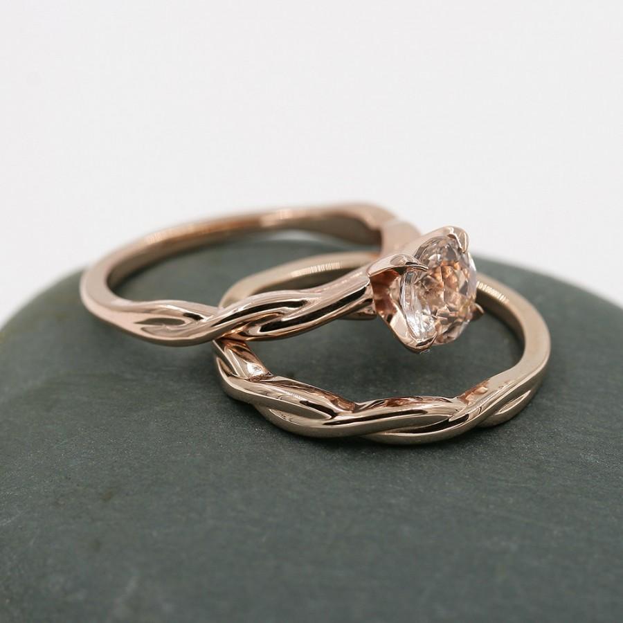 Hochzeit - Morganite Engagement Ring,14k Rose Gold Ring,14k Engagement ring and matching band set.Wedding ring wedding band set.Solitaire.Twist ring