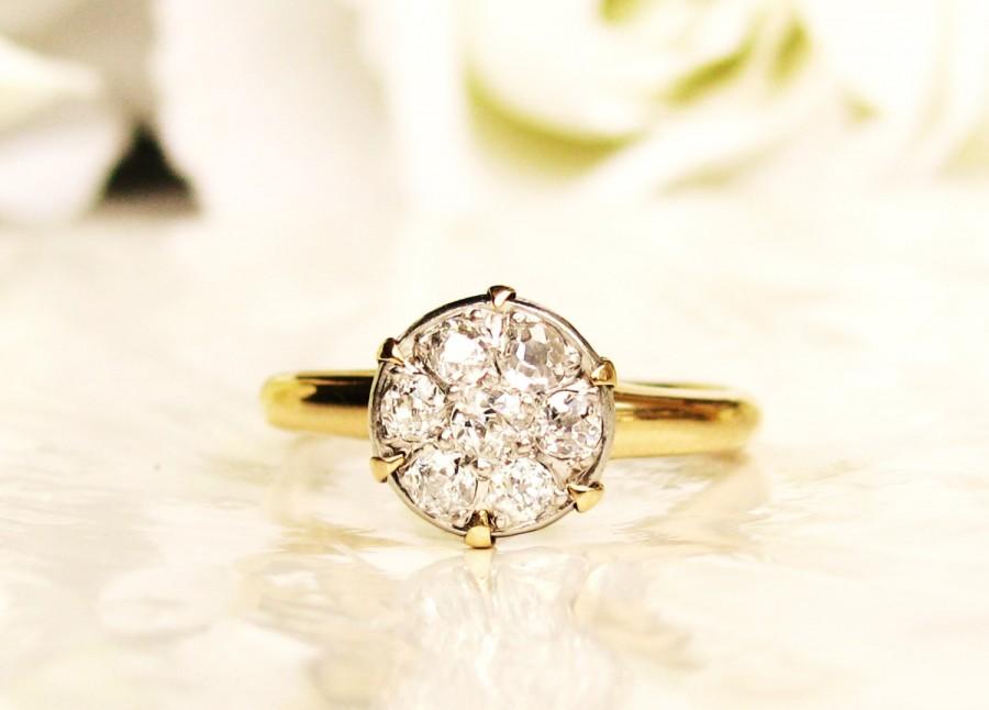 Mariage - Antique Engagement Ring 0.35ctw Old Mine Cut Diamond Ring 14K Two Tone Gold Floral Daisy Diamond Cluster Wedding Ring Size 6