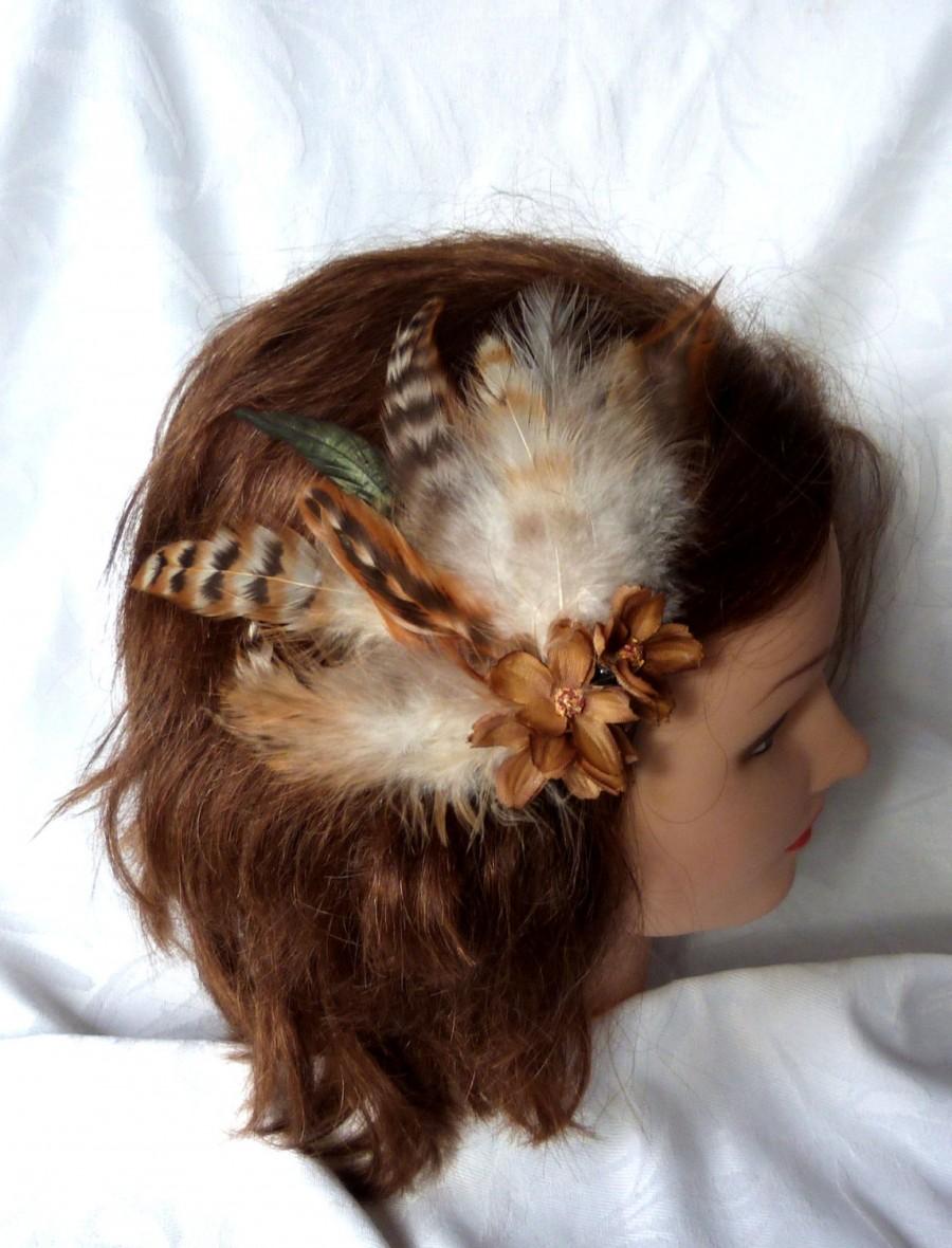Hochzeit - Wedding hair fascinator chinchila colored feathers hair clip brown feather hair clip set