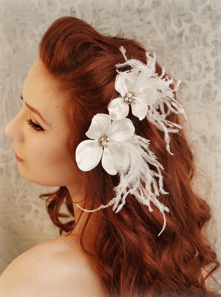 زفاف - Wedding flower combs, ivory wedding hairpiece, feather comb set, flower hair combs, bridal headpiece, hair accessories by gardens of whimsy