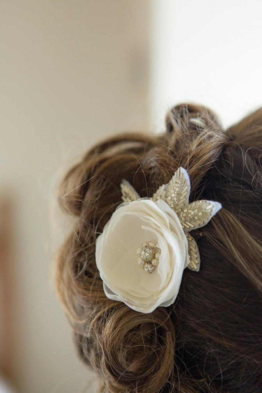 Wedding - Bridal hair flower Wedding hair flower with beaded leaves, Bridal hair accessories, Bridal headpiece, Bridal fascinator
