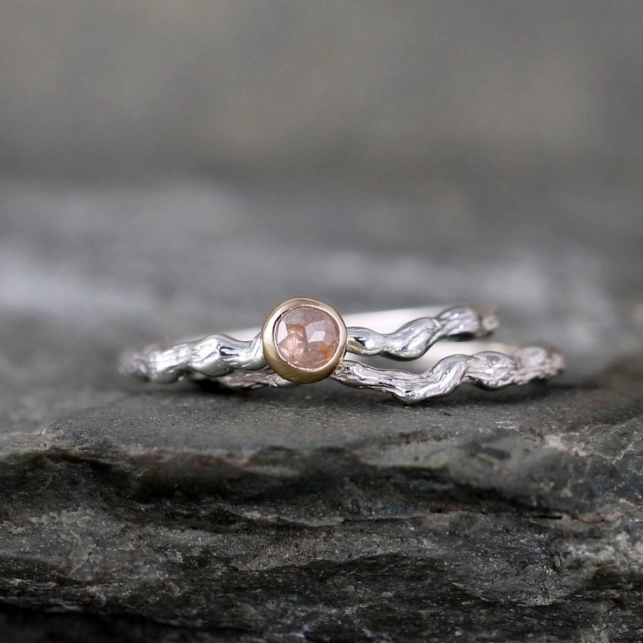 Wedding - Rose Cut Diamond Twig Engagement Ring - Sterling Silver 14K Yellow Gold Bezel - Tree Branch Rings - Nature - Alternative Engagement Ring
