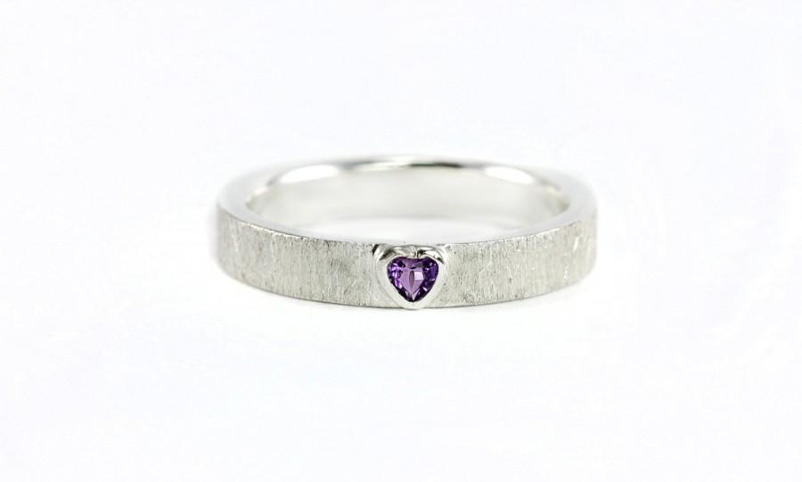 Hochzeit - Purple Amethyst Heart Brush Textured Ring Band - Wedding Band Engagement Promise Ring - Sterling Silver, 14k Yellow Gold 14k White Gold