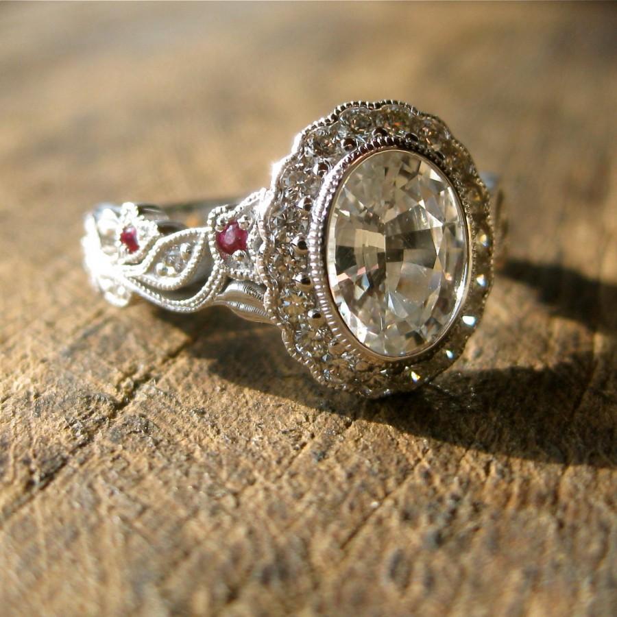 Wedding - White Sapphire Engagement Ring with Diamonds and Rubies in 14K White Gold with Flower Buds on Vine Motif Size 6