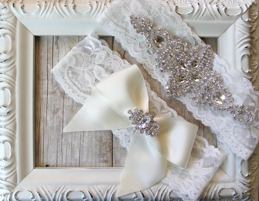 Hochzeit - CUSTOMIZE Your Garter - Vintage Wedding Garter Set w/ Crystal Rhinestones on Comfortable Lace, Bridal Garter Set, Crystal Garter Set
