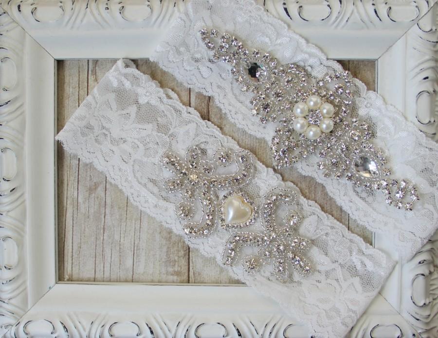 Hochzeit - Wedding garter - Lace Vintage Garter Set w/ "Pearls" and Rhinestones on Comfortable Lace, Wedding Garter Set, Crystal Garters, Prom Garter
