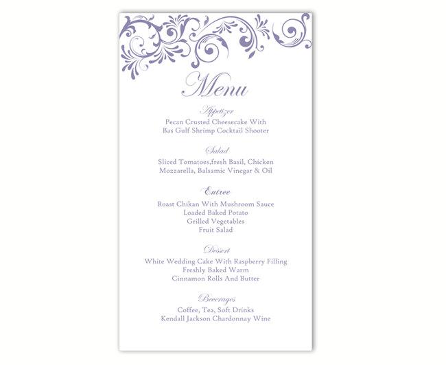 Mariage - Wedding Menu Template DIY Menu Card Template Editable Text Word File Instant Download Purple Menu Purple Wedding Printable Menu 4x7inch