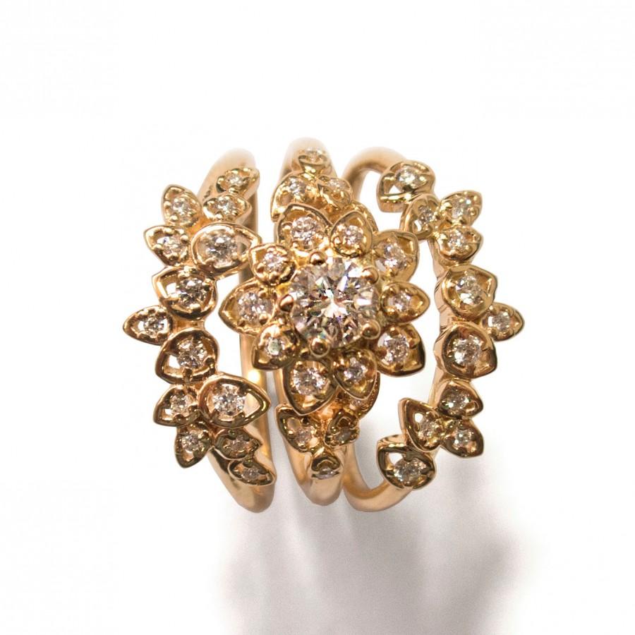 زفاف - Diamond Art Deco Petal Engagement Set - 18K Rose Gold and Diamond engagement ring, leaf ring, flower ring, antique, vintage, Wedding Set
