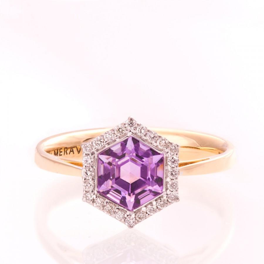 Wedding - Art Deco Engagement Ring, Unique engagement ring,Statement ring, Two tone Ring, Amethyst Diamond Ring, Hexagon  ring, Halo ring, R018