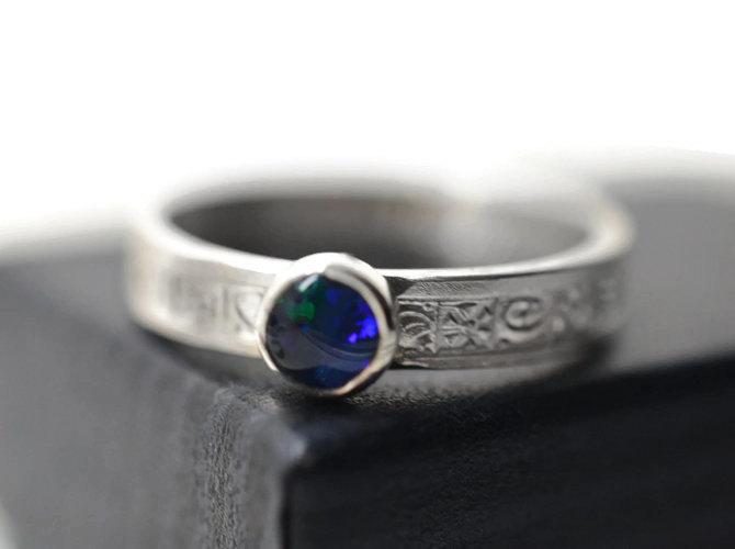 Wedding - Personalized Ring, Blue Green Opal Triplet Ring, Ancient Greek Art Style Ring, Sterling Silver Ring, Engagement Ring, Engraved Ring