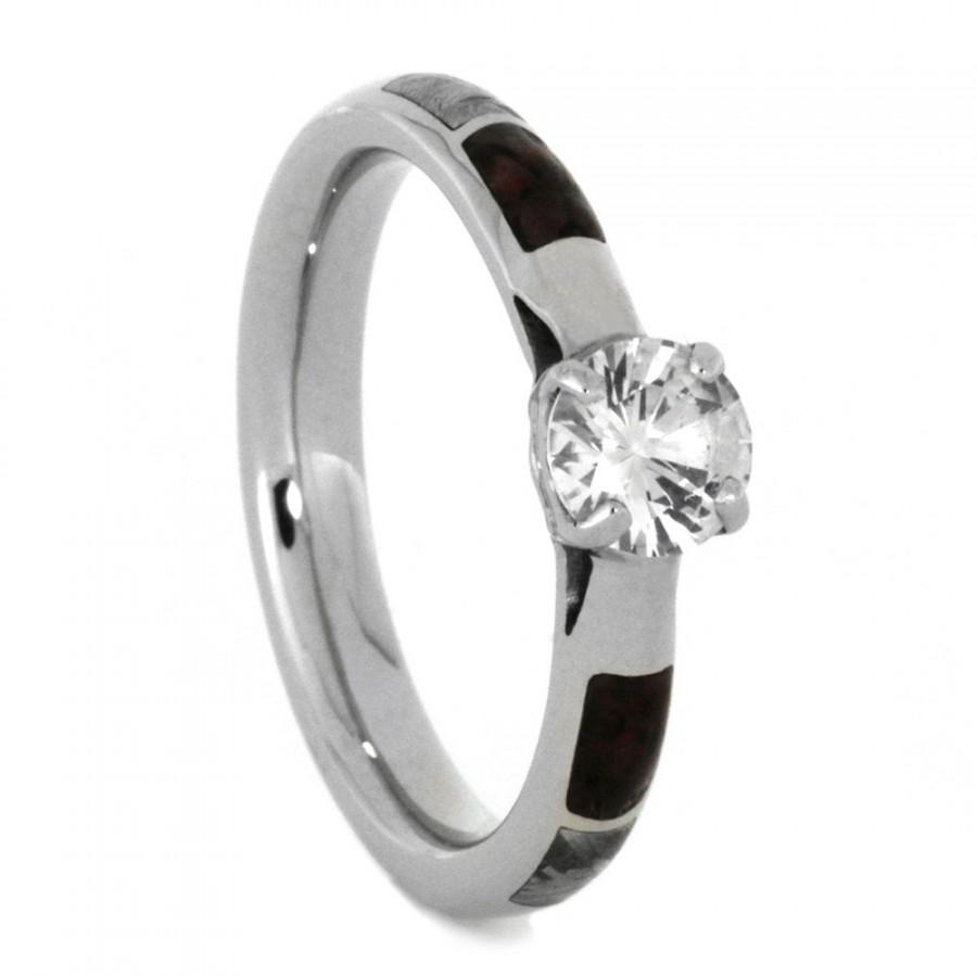 زفاف - White Sapphire Engagement Ring With Meteorite And Dinosaur Bone Inlays, White Gold Ring, Solitaire Engagement Ring For Women