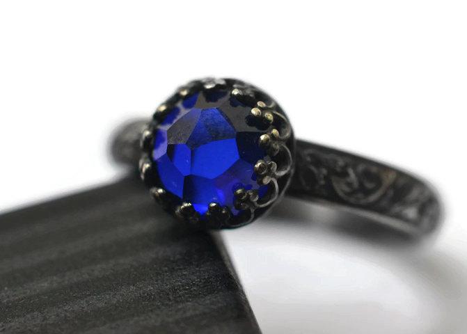 Wedding - Dark Blue Sapphire Ring, Engagement Ring, Oxidized Silver, Floral Ring, Honeycomb Gemstone, Lab Sapphire Jewelry