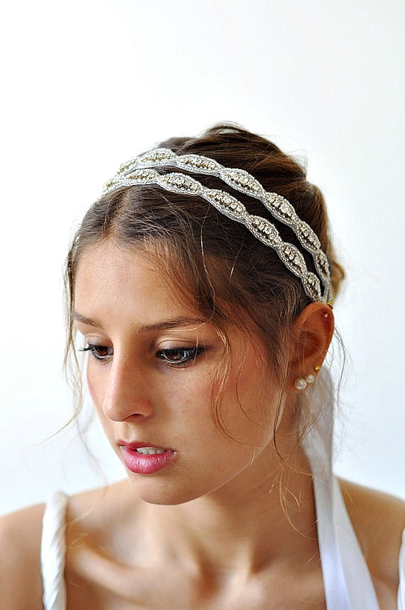 Hochzeit - Art Deco Victorian Wedding Hair Accessories, Bridal Oval Headband 2 rows , SWAROVSKI Crystal bridal  Wedding Headband Hair Wreath