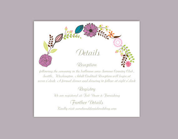 Wedding - DIY Wedding Details Card Template Editable Word File Download Printable Details Card Floral Purple Details Card Elegant Enclosure Cards