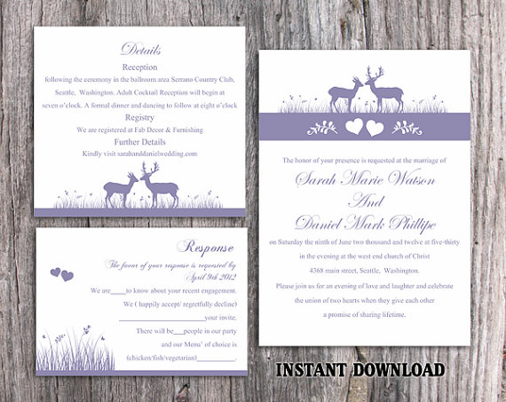 Hochzeit - DIY Wedding Invitation Template Set Editable Text Word File Download Printable Reindeer Invitation Purple Wedding Invitation lavender invite