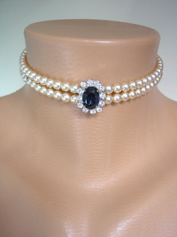 زفاف - Sapphire Pearl Bridal Choker, Great Gatsby Jewelry, Pearl Necklace, Pearl And Rhinestone Collar, Vintage, Mother of the Bride, Deco, Wedding