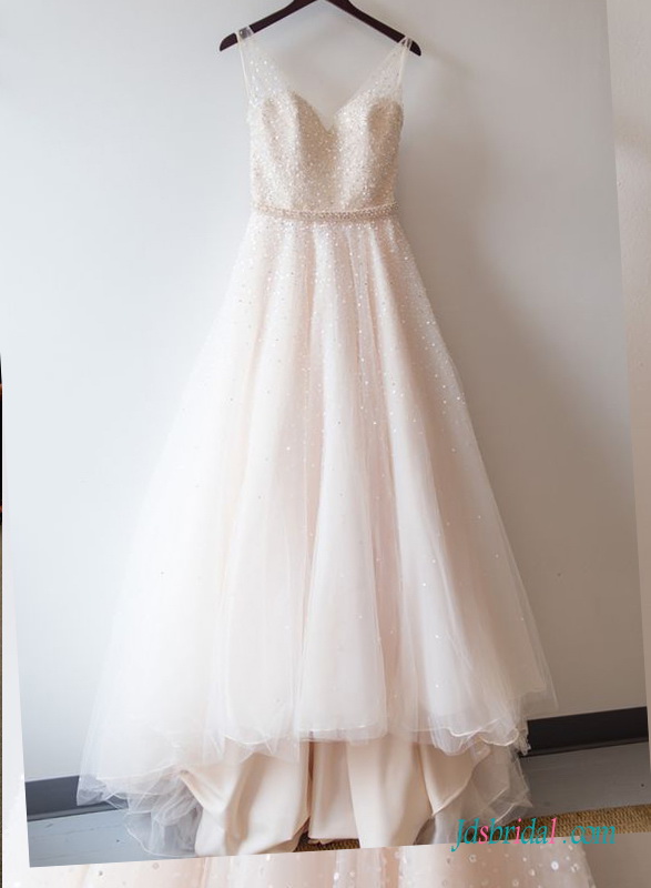 Hochzeit - Light pink blush colored beading tulle wedding dress