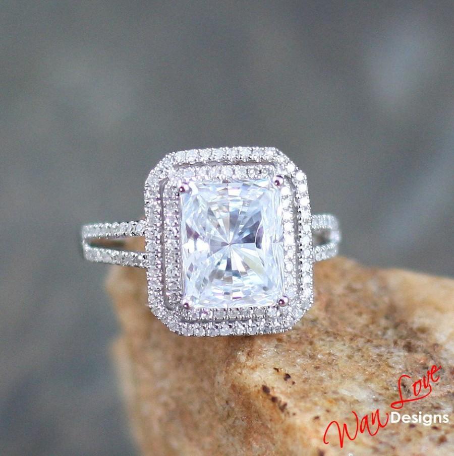 Wedding - Moissanite & Diamond 2 Halo Radiant Engagement Ring 3.90ct 10x8mm 14k 18k White Yellow Rose Gold-Platinum-Custom-Wedding-Anniversary-10k
