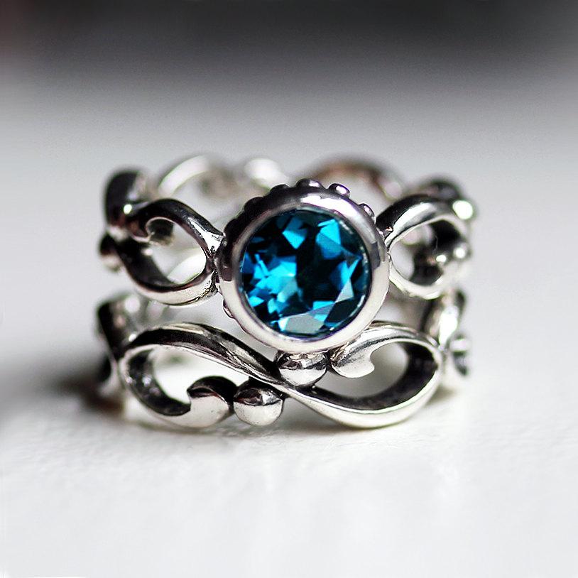 Wedding - Blue topaz engagement ring set, bezel engagement ring, infinity engagement ring, London Blue wedding ring, recycled sterling silver, Wrought
