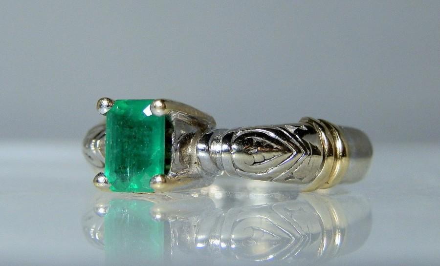 زفاف - Vintage Emerald Ring 14k Gold Fine Emerald Cut .52 carat Size 5 Deep Green Quality Natural Emerald Gemstone Solitaire Wedding or Gift Ring