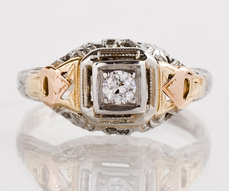 Hochzeit - Antique Engagement Ring - Antique Arts and Crafts Era Tri-Gold Diamond Engagement Ring