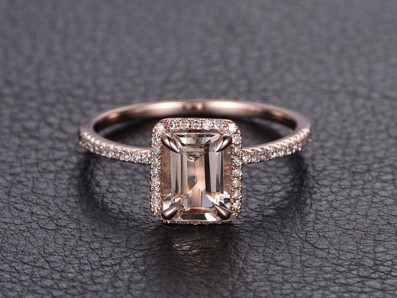 Wedding - Emerald Cut Morganite Ring 14K Rose Gold Morganite Engagement Ring Emerald Cut Engagement Ring Diamond Pave Ring Valentine Gift for Her