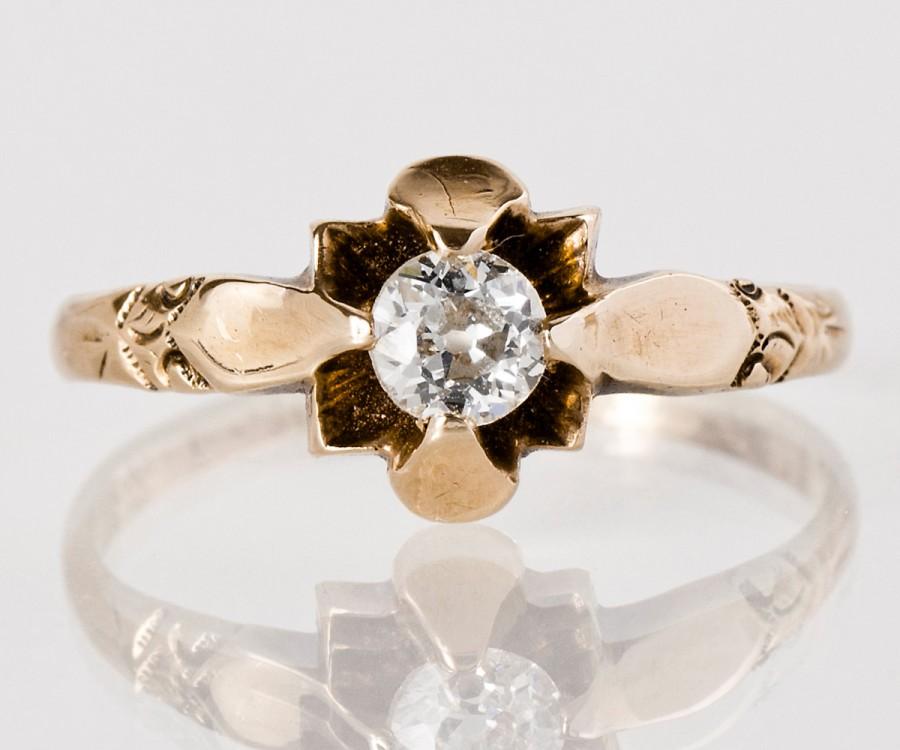 زفاف - Antique Engagment Ring - Antique 14k Rose Gold Engraved "1913"  Diamond Engagement Ring